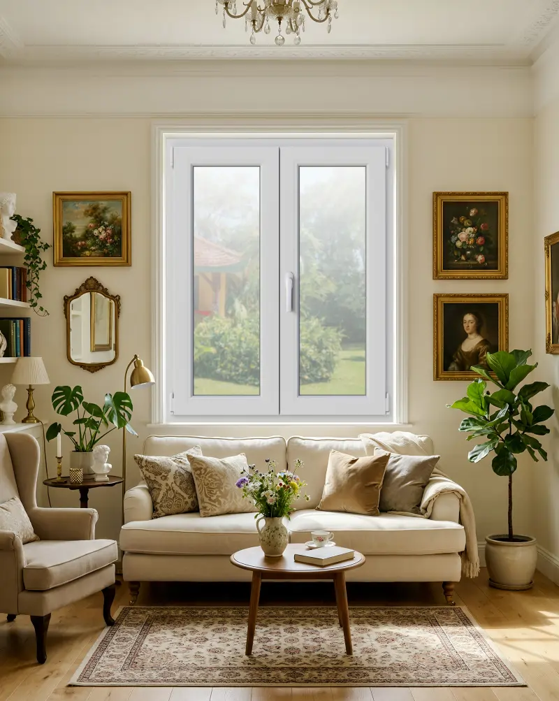 Ferestre pvc termopan Veka Softline 82 in sufragerie eleganta cu perete crem