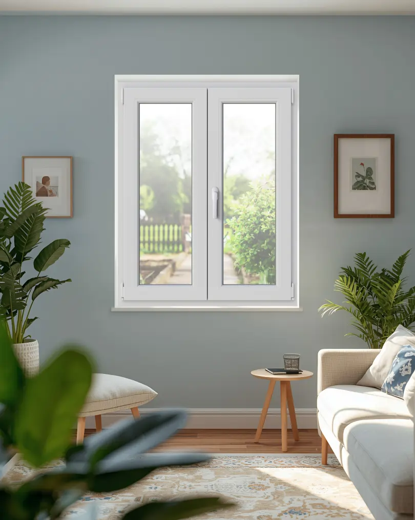 ferestre pvc termopan aplast 70 albe in sufragerie moderna cu perete albastru
