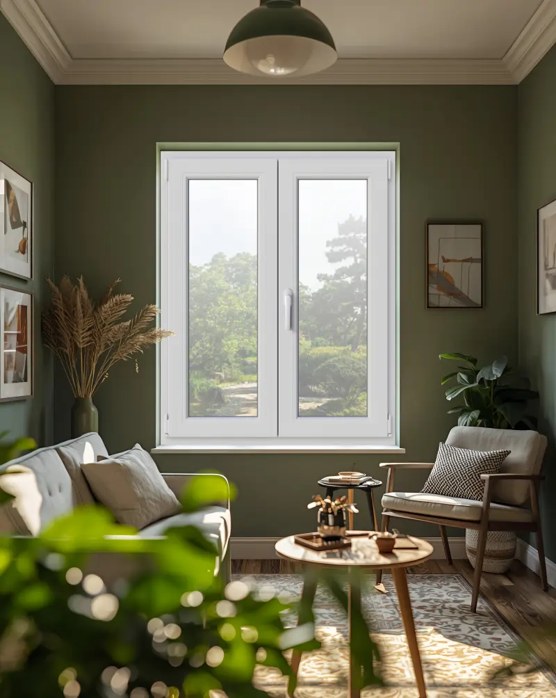 Ferestre pvc termopan Veka Softline 76 in sufragerie eleganta cu perete verde